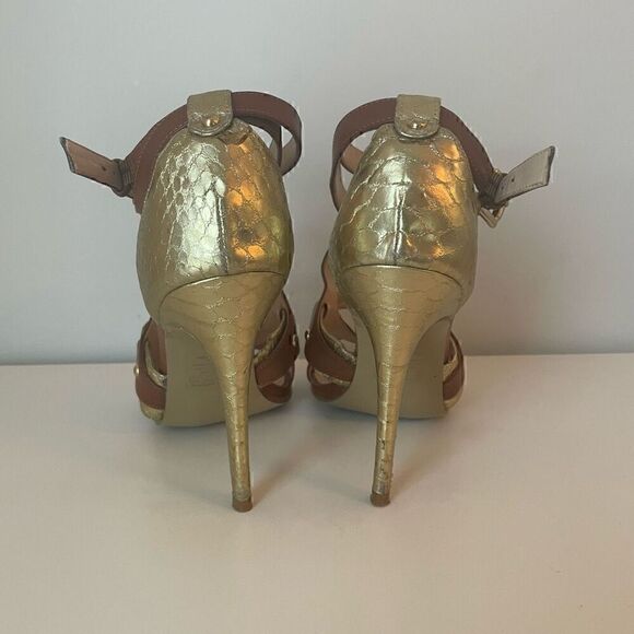 GUESS Brown Gold Snake Skin Strappy Buckle Sandals Heels Size 9.5 Shoes - Picture 12 of 14
